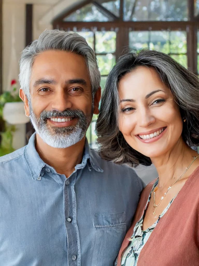 Mature couple sharing a relaxed moment with restored, confident smiles