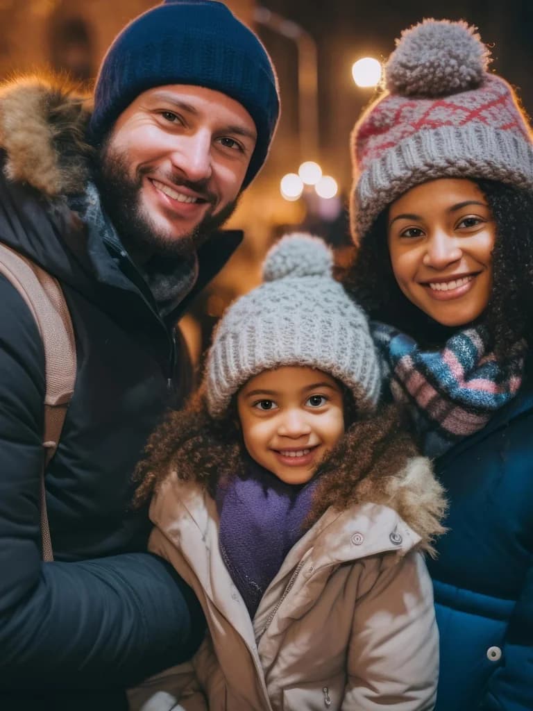 Family bundled up on a winter evening, sharing warm smiles together