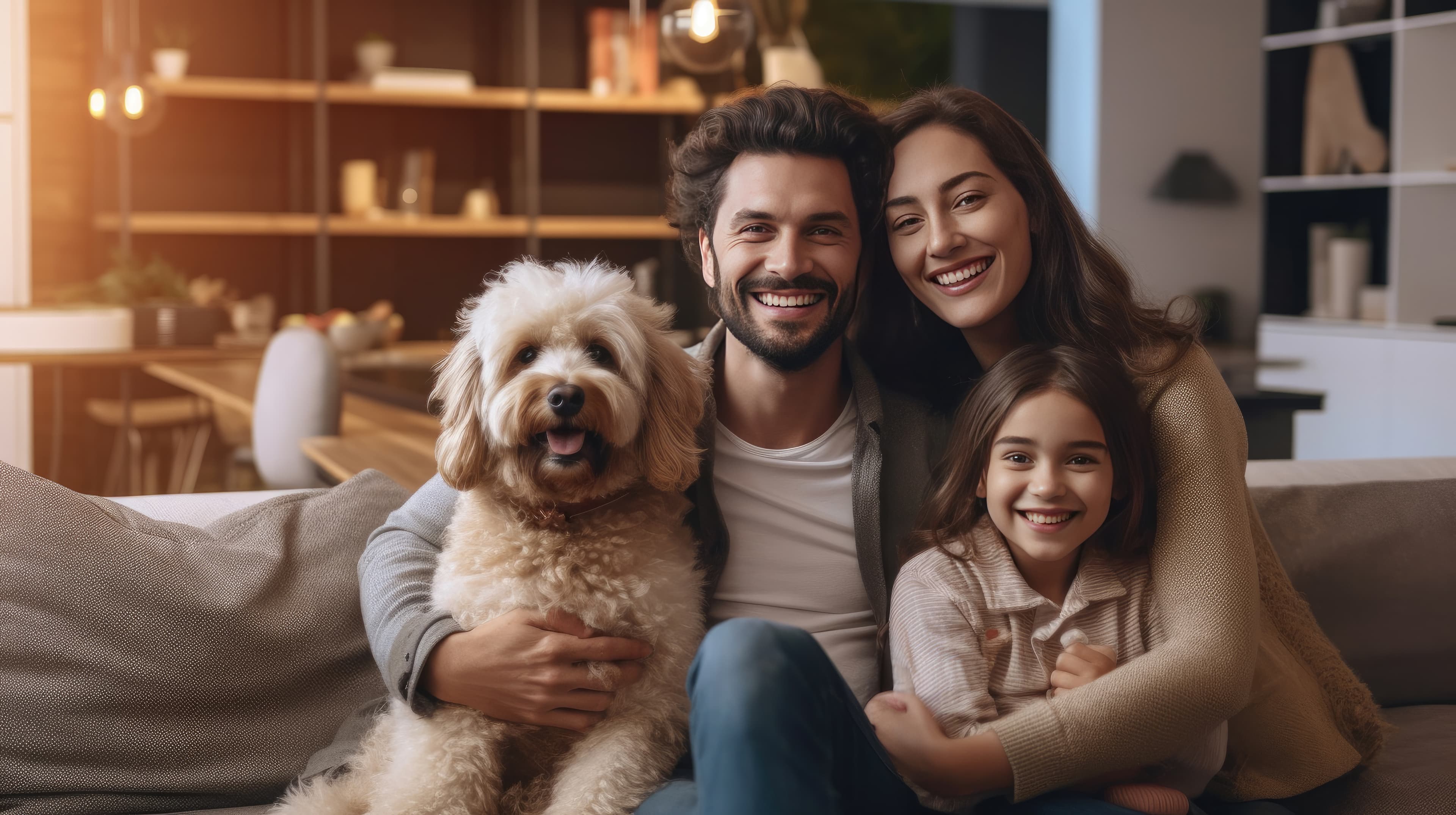 Cheerful family at home with bright smiles